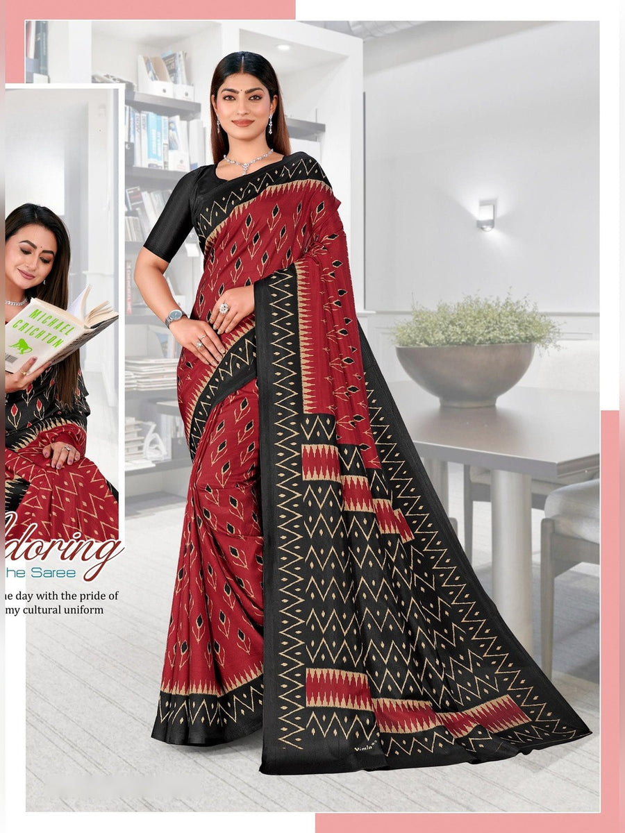 Women's Malgudi Silk Uniform Saree – Red & Black Ikat - Front