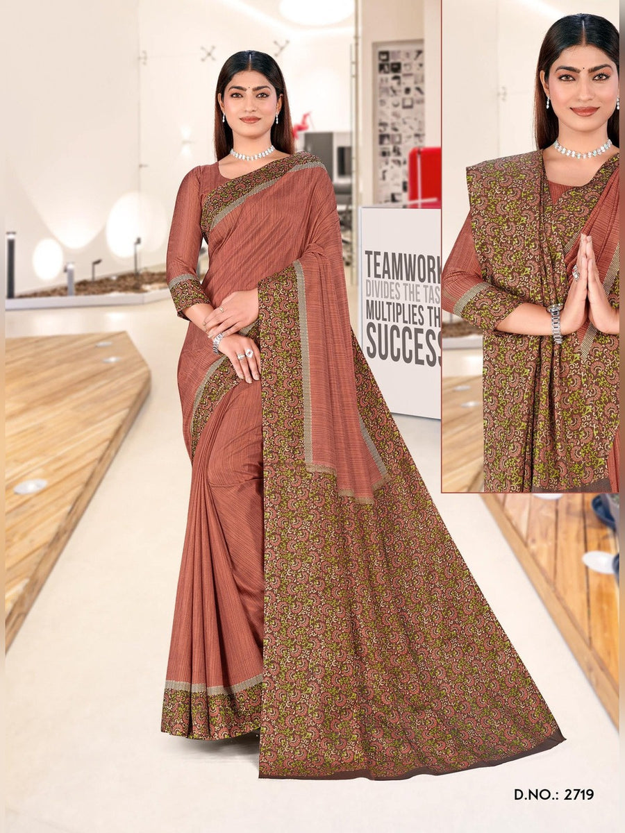Women's Malgudi Silk Uniform Saree – Rust & Brown - Front