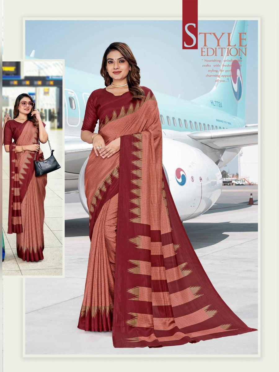 Women's Malgudi Silk Uniform Saree – Rust Pink & Maroon - Front