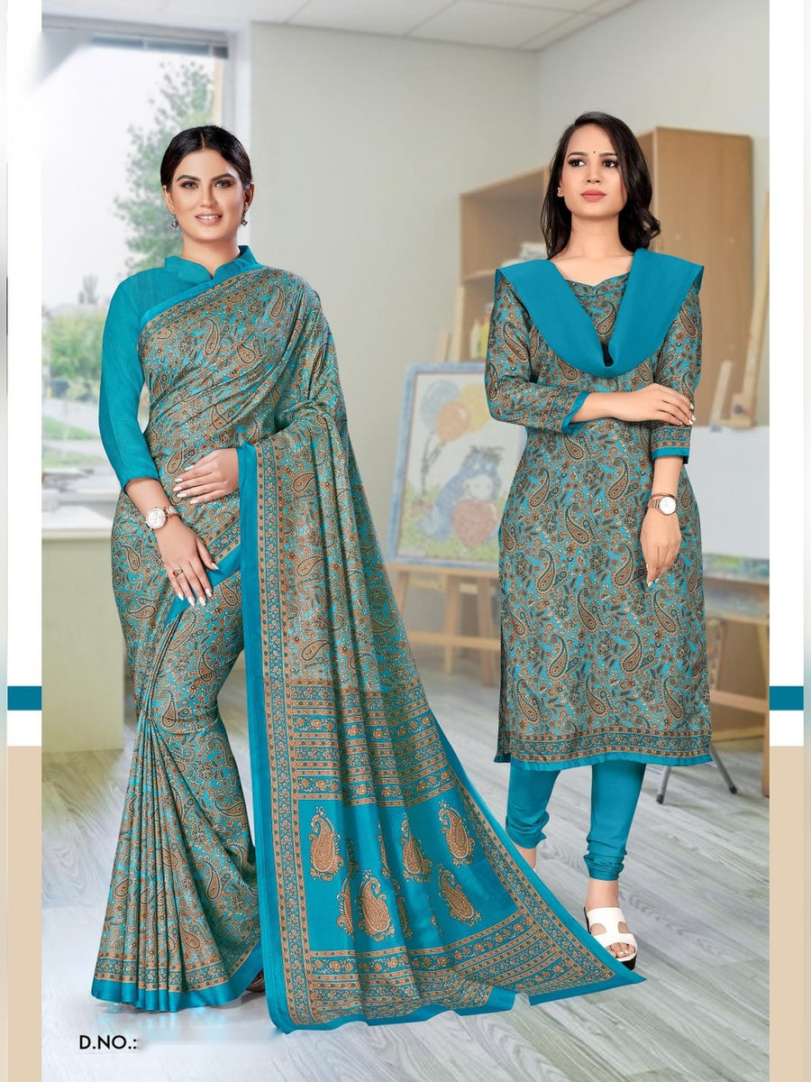 Women's Malgudi Silk Uniform Saree & Suit – Teal & Beige - Front