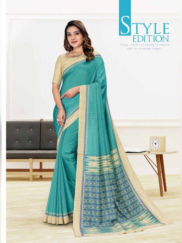 Malgudi Silk uniform saree Teal Cream D.No 2512