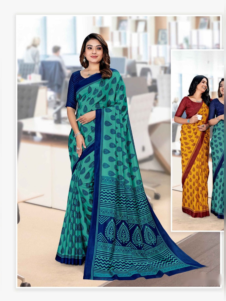 Women's Malgudi Silk Uniform Saree – Teal & Navy - Front