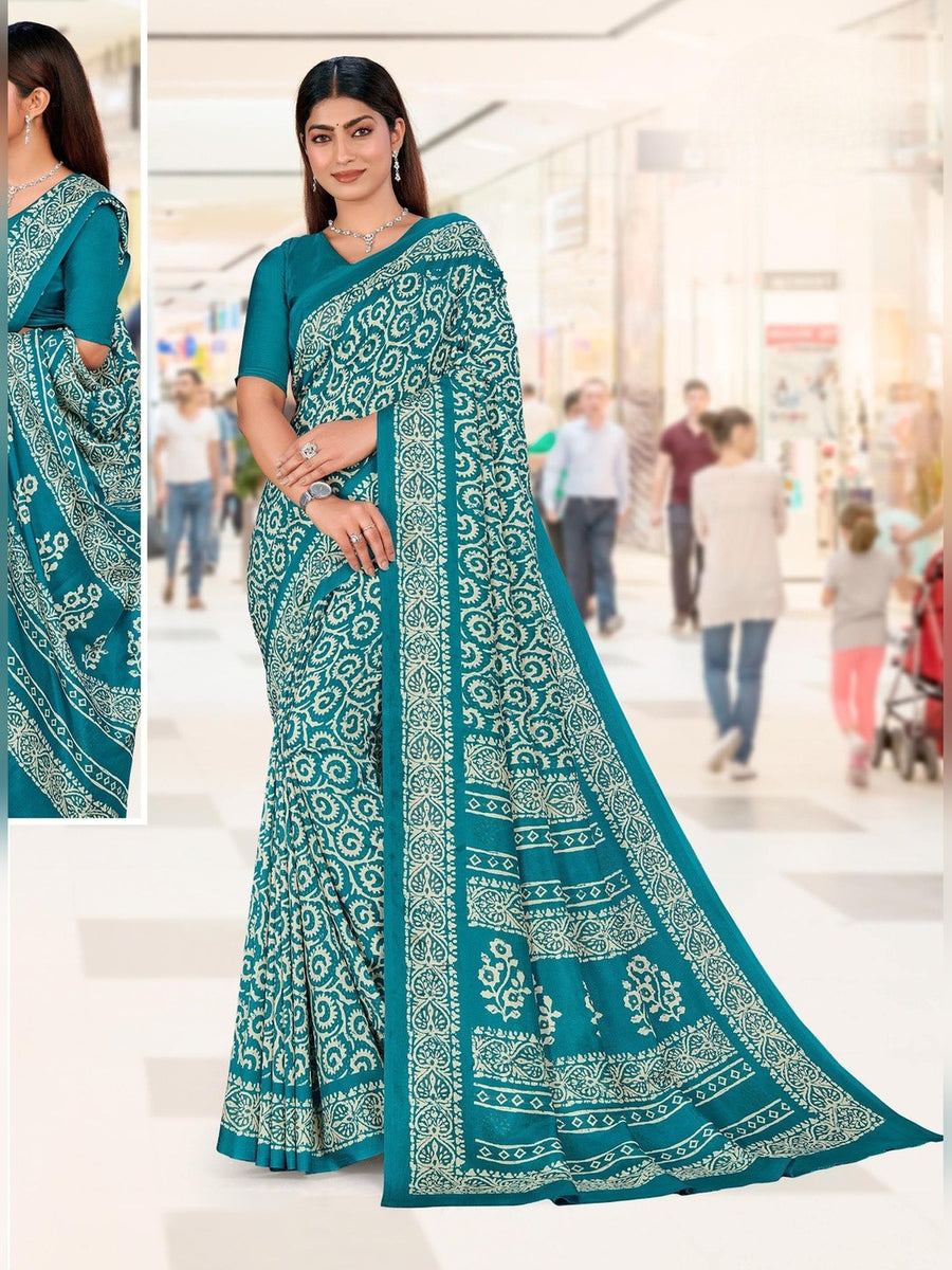 Women's Malgudi Silk Uniform Saree – Teal & White - Front