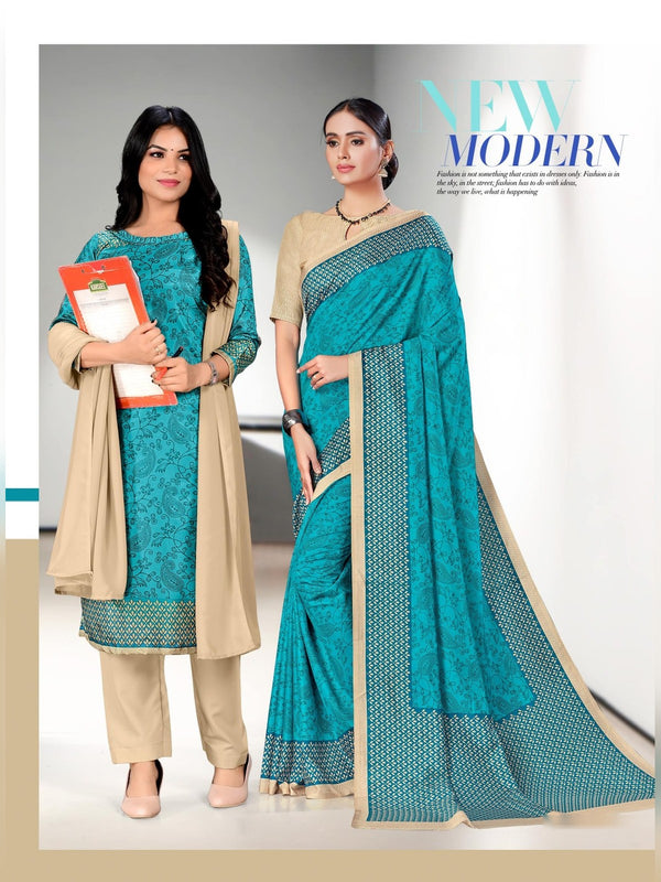 Malgudi Silk uniform saree Turquoise Beige D.No 2425