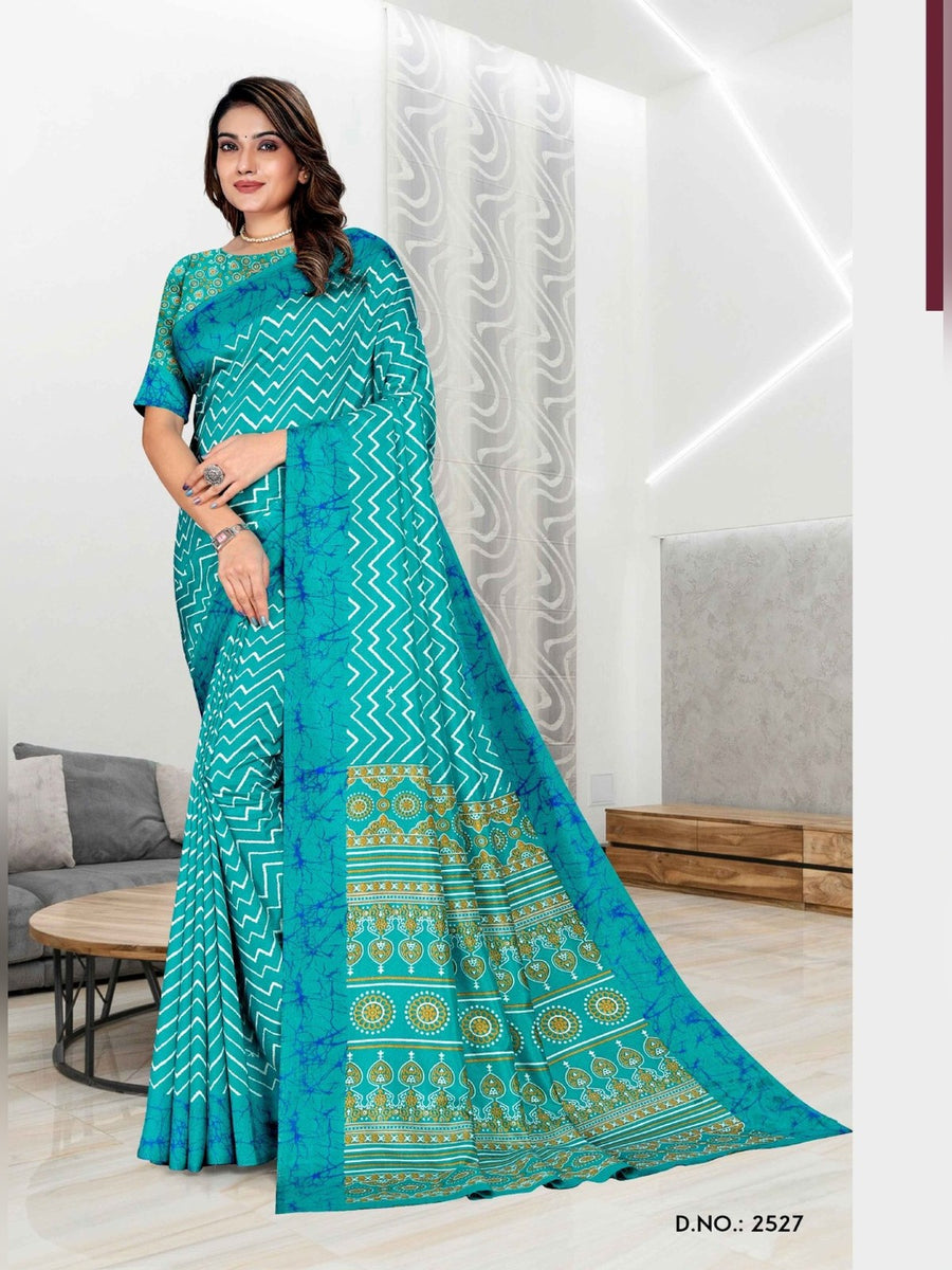 Women's Malgudi Silk Uniform Saree – Turquoise & Mustard - Front