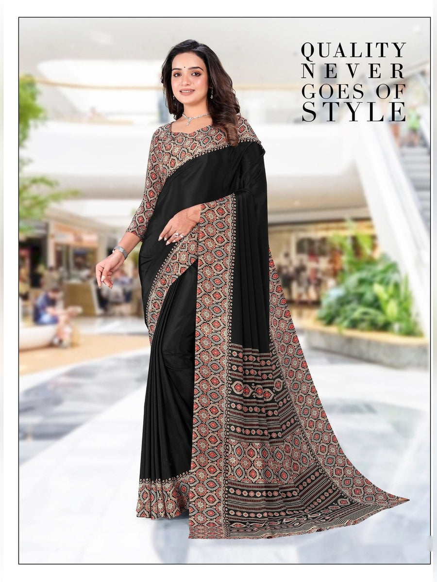 Women's Premium Crepe Uniform Saree – Black - Front