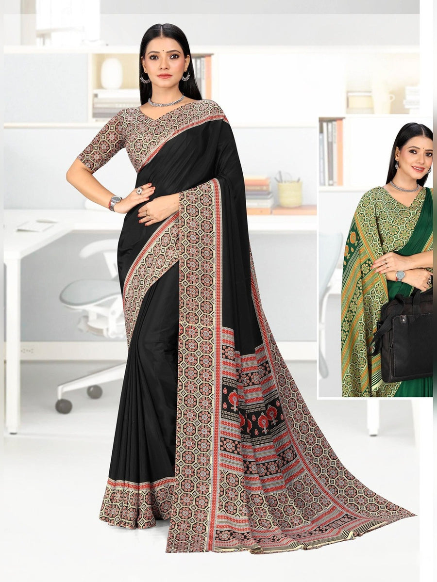 Women's Premium Crepe Uniform Saree – Black & Pink - Front