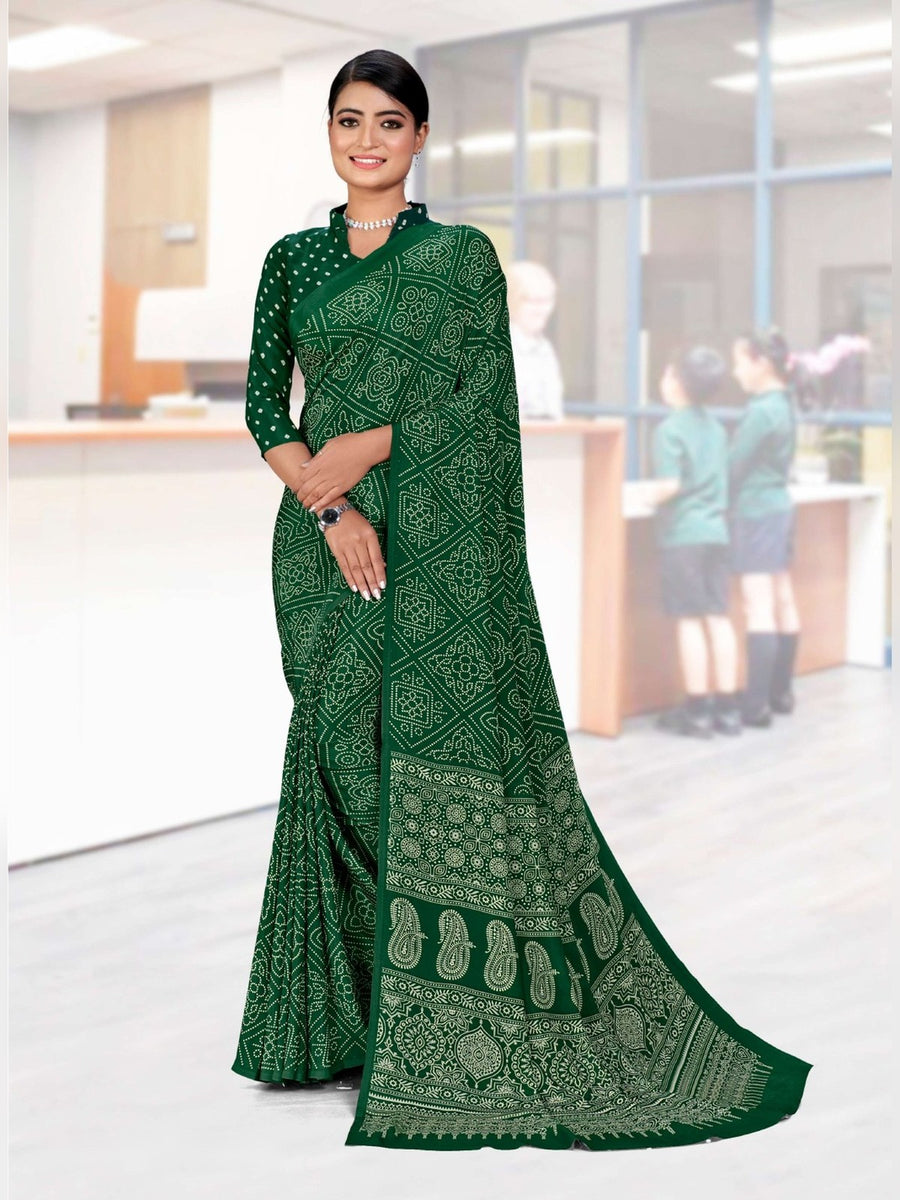 Women's Premium Crepe Uniform Saree – Bottle Green - Front