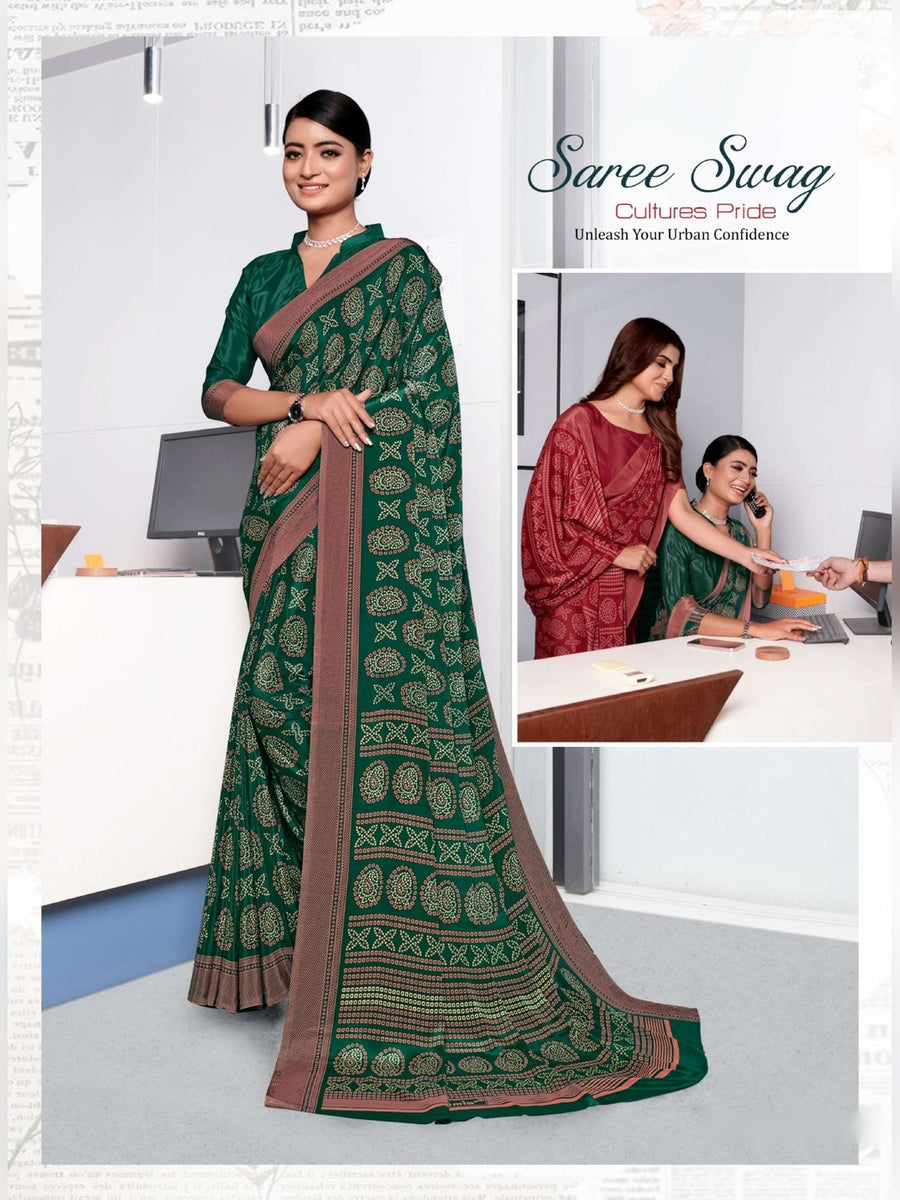 Women's Premium Crepe Uniform Saree – Bottle Green & Brown - Front