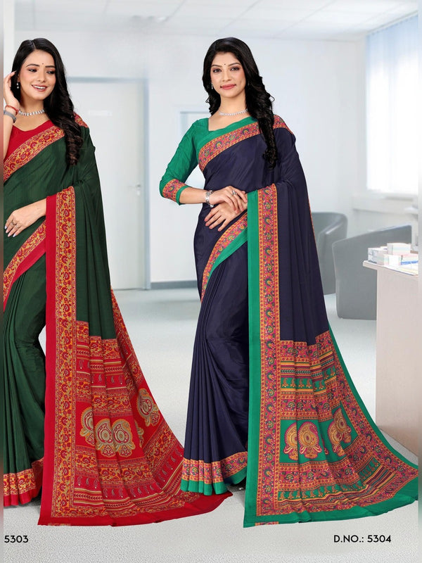 Premium Crepe uniform saree Bottle Green Red D.No 5304