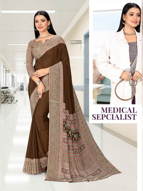 Premium Crepe uniform saree Brown D.No 5323