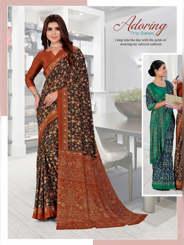 Premium Crepe uniform saree Brown Rust D.No 5228