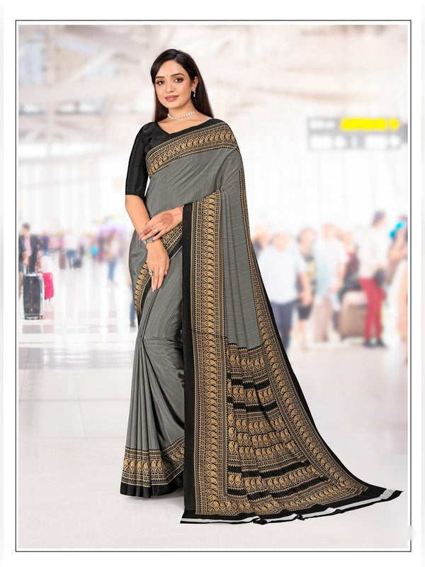 Premium Crepe uniform saree Grey Black D.No 5301