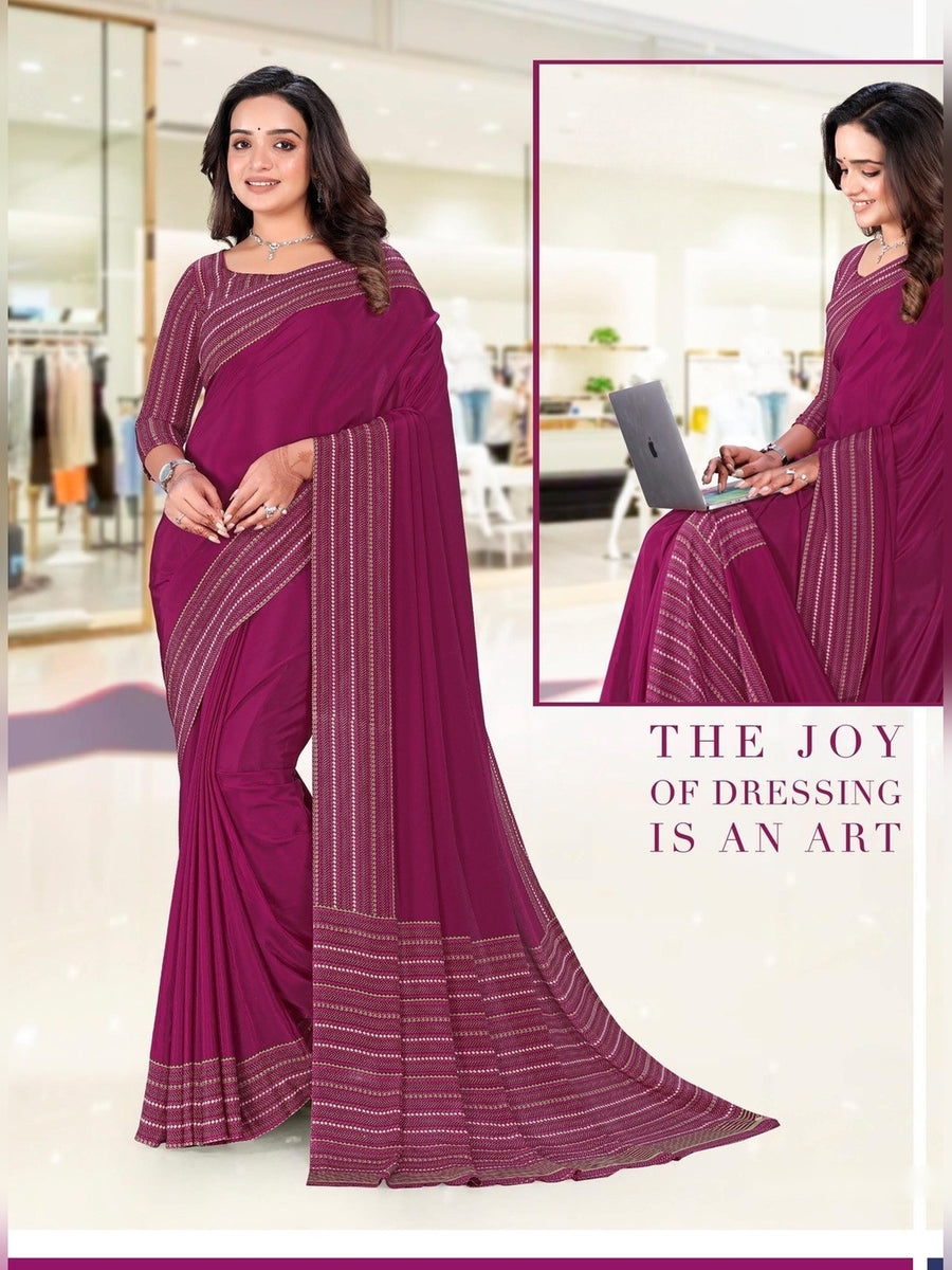 Women's Premium Crepe Uniform Saree – Magenta Stripe - Front