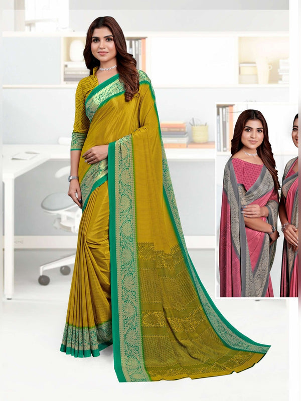Premium Crepe uniform saree Mustard Green D.No 5226