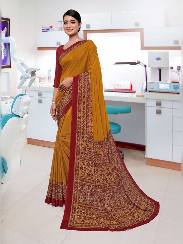 Premium Crepe uniform saree Mustard Maroon D.No 5211