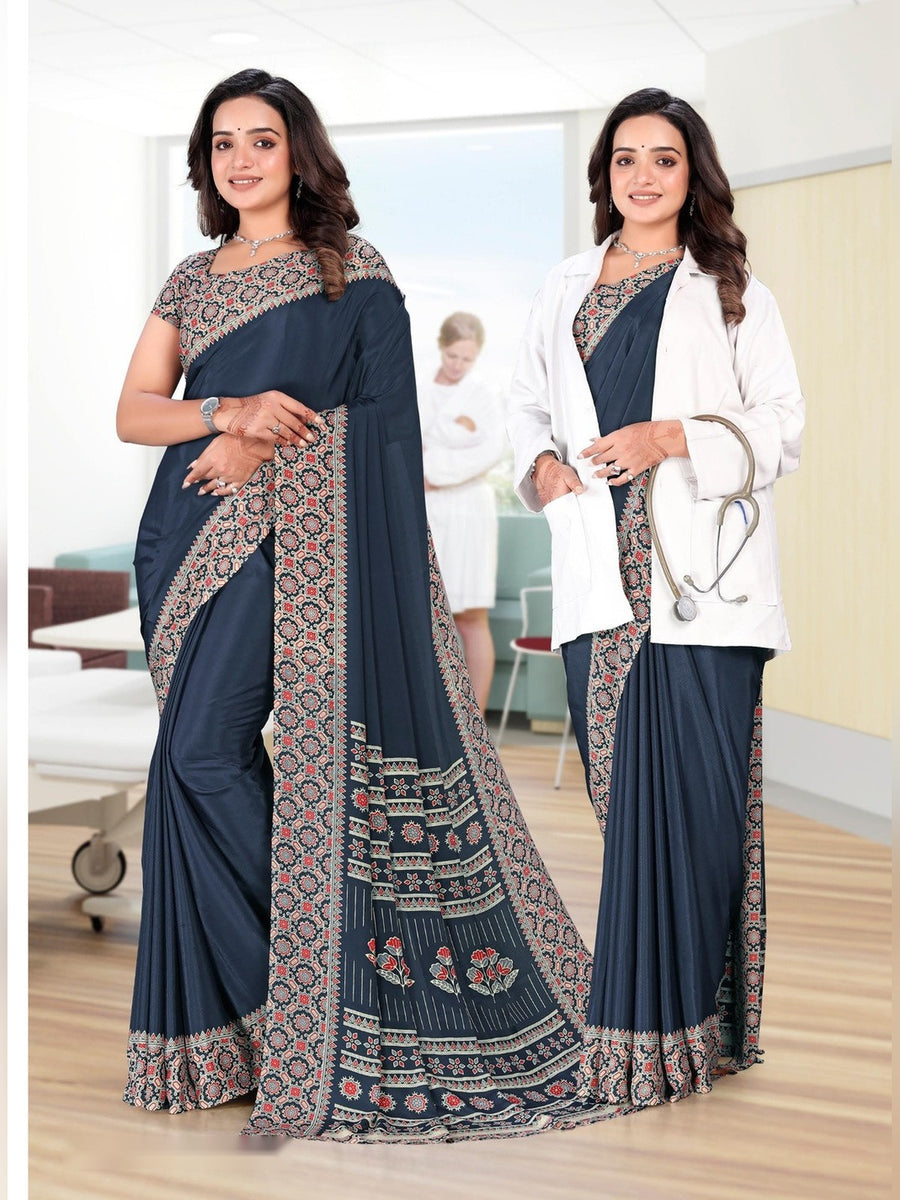Women's Premium Crepe Uniform Saree – Navy Grey - Front
