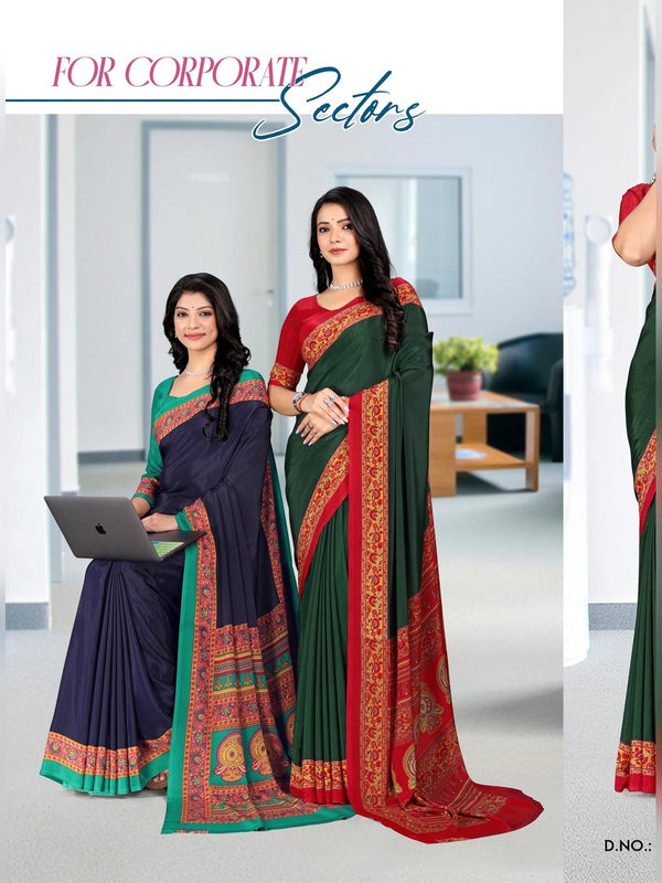 Premium Crepe uniform saree Navy Red D.No 5303