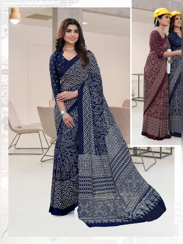 Premium Crepe uniform saree Navy White D.No 5220