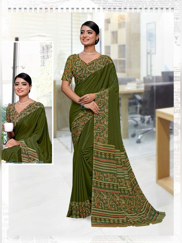Premium Crepe uniform saree Olive Green D.No 5231