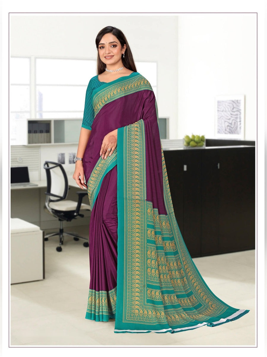 Women's Premium Crepe Uniform Saree – Purple & Green - Front