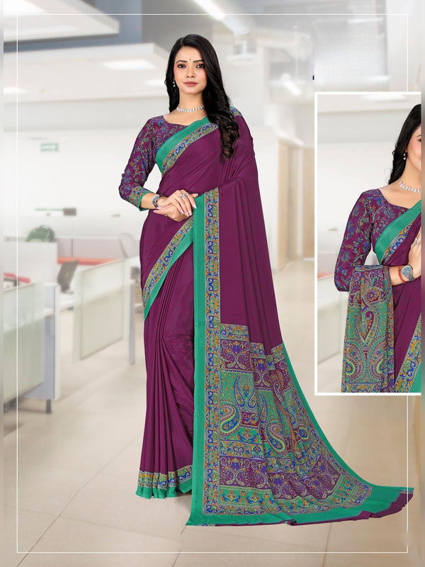 Premium Crepe uniform saree Purple Teal D.No 5329