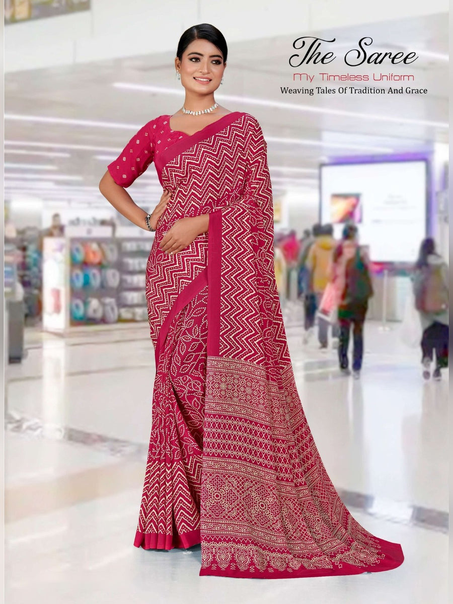 Women's Premium Crepe Uniform Saree – Rani Pink - Front