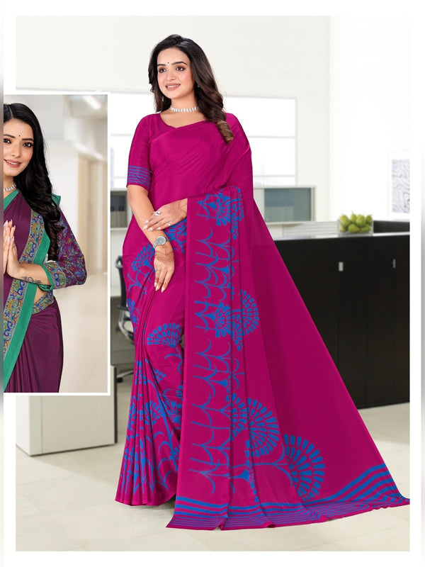 Premium Crepe uniform saree Rani Pink Blue D.No 5330