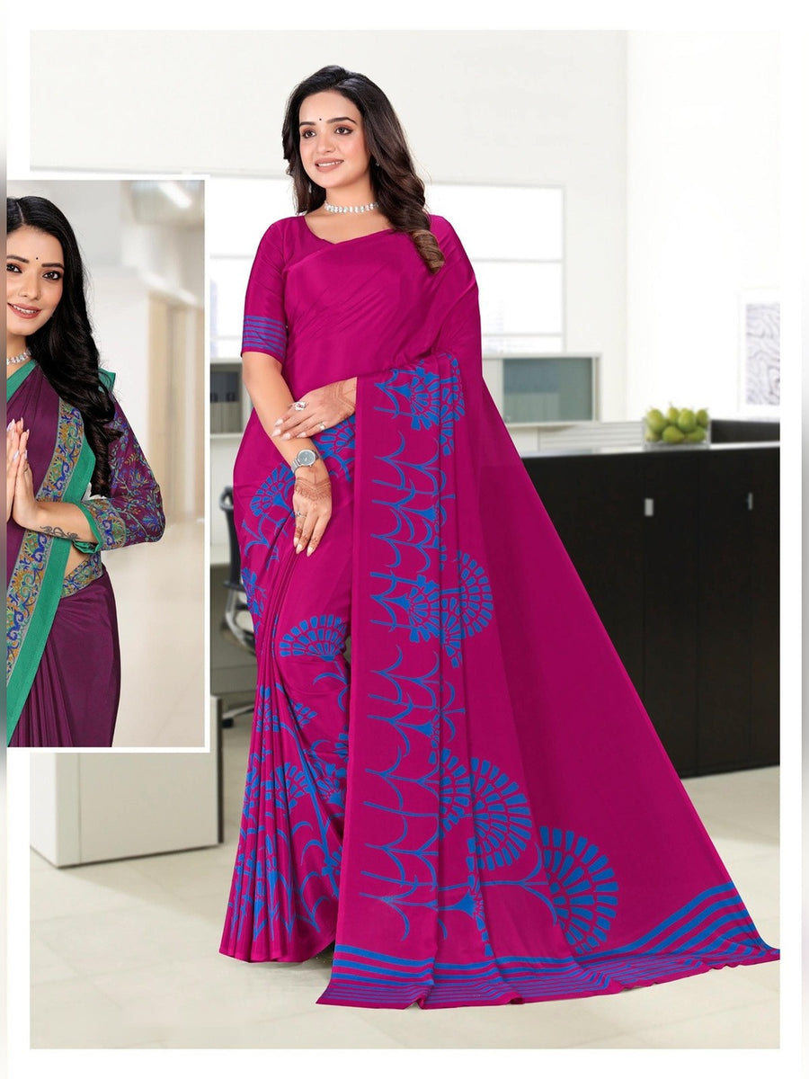 Women's Premium Crepe Uniform Saree – Rani Pink & Blue - Front