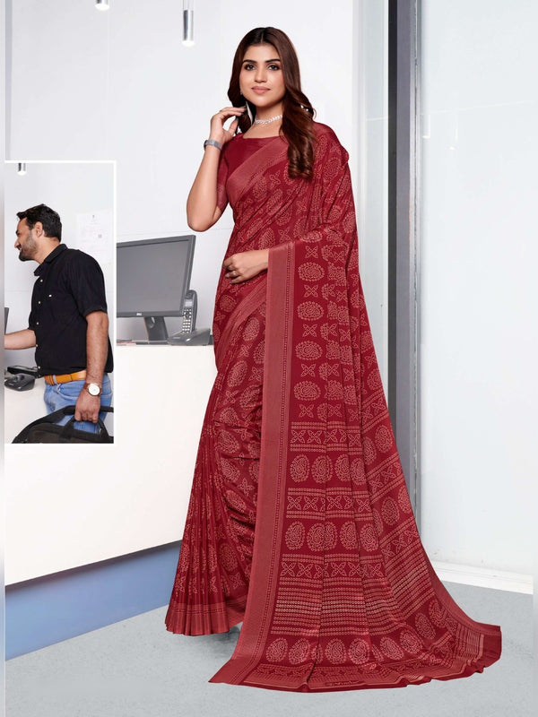 Premium Crepe uniform saree Red D.No 5215