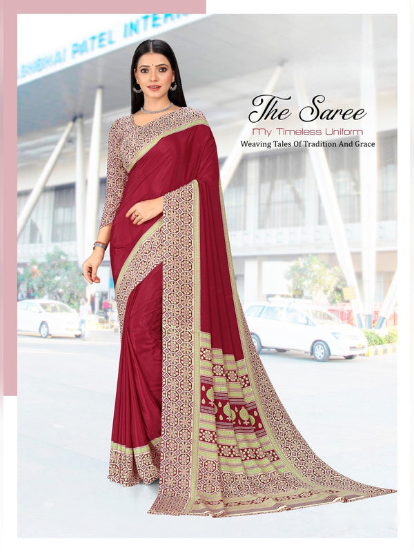 Premium Crepe uniform saree Red Beige D.No 5319