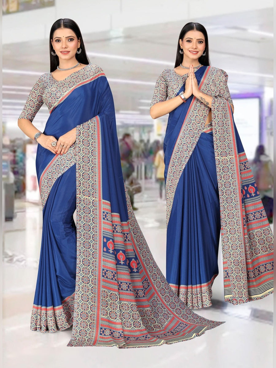 Women's Premium Crepe Uniform Saree – Royal Blue - Front