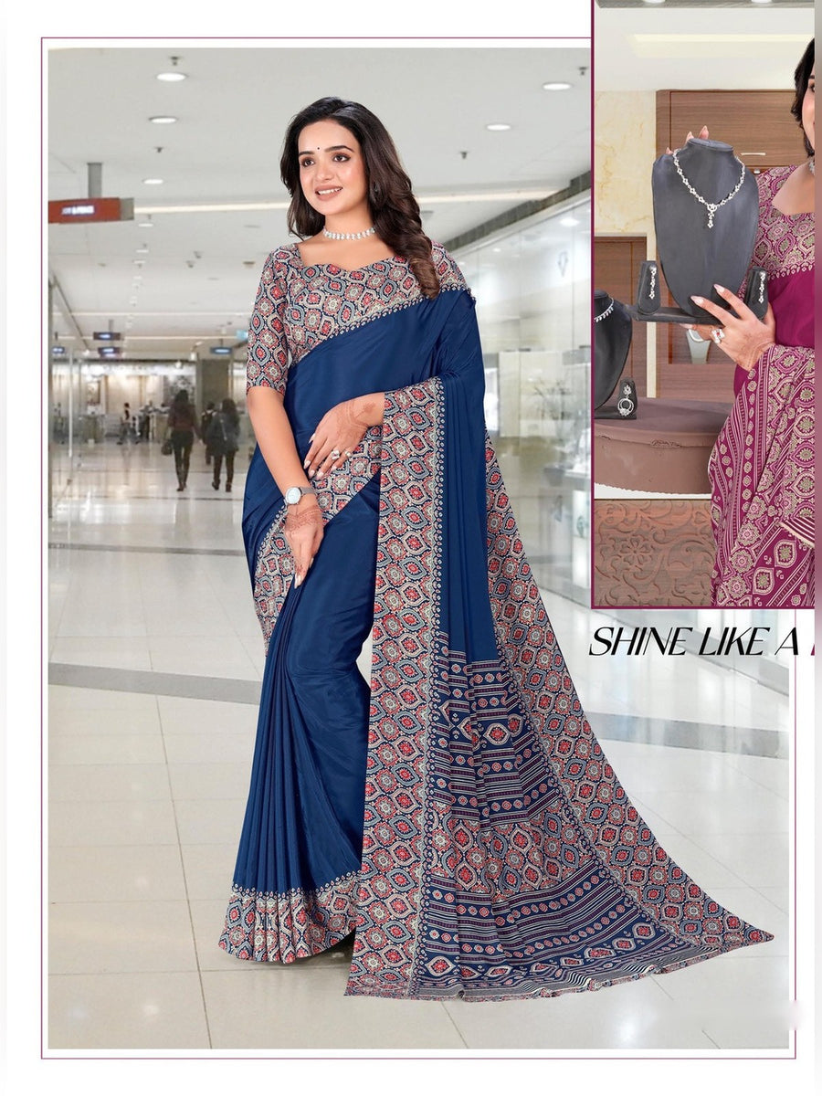 Women's Premium Crepe Uniform Saree – Royal Blue & Pink - Front