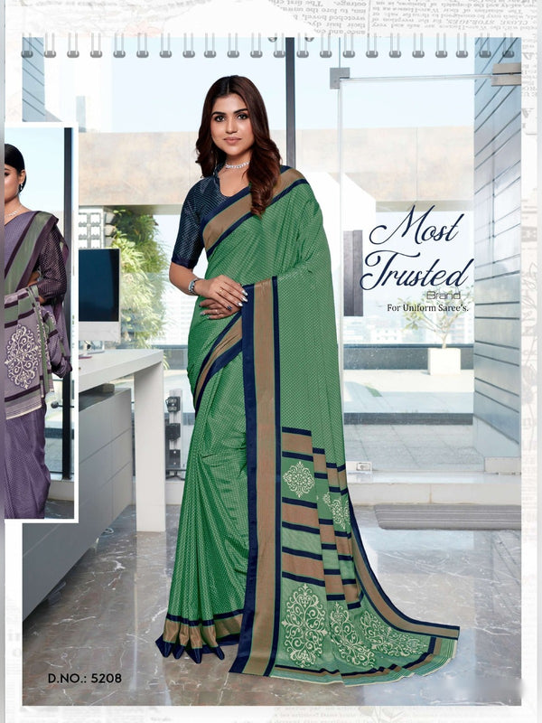 Premium Crepe uniform saree Sage Green Navy D.No 5208