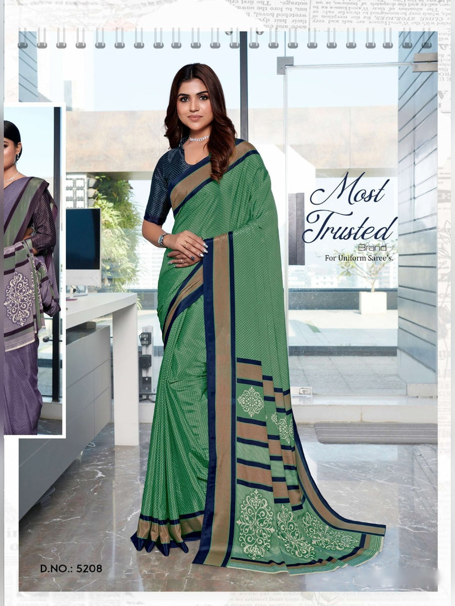 Women's Premium Crepe Uniform Saree – Sage Green & Navy - Front