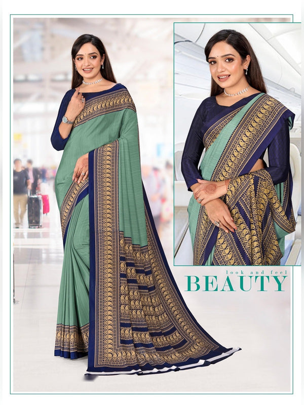 Premium Crepe uniform saree Sage Green Navy D.No 5302