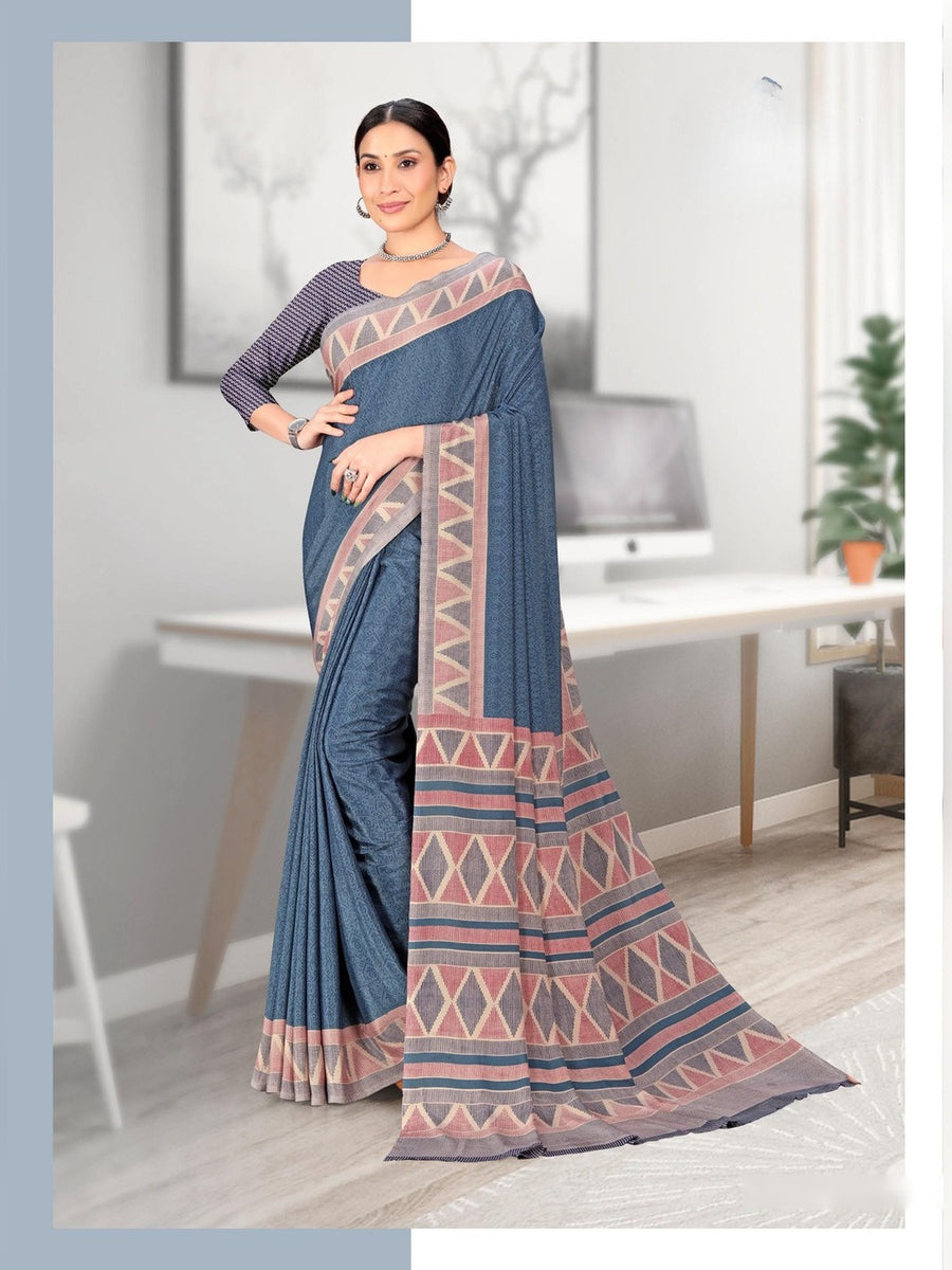 Women's Premium Crepe Uniform Saree – Steel Blue - Front