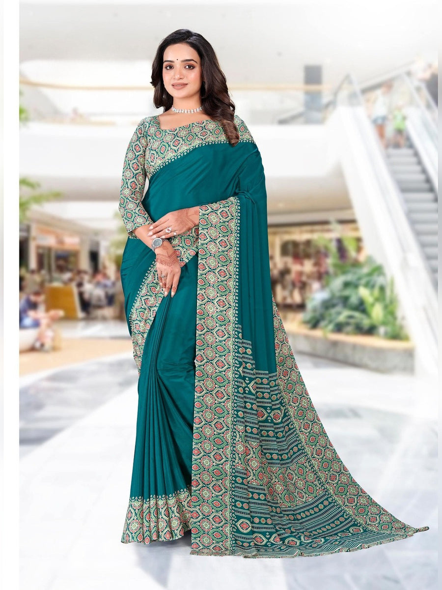 Women's Premium Crepe Uniform Saree – Teal - Front