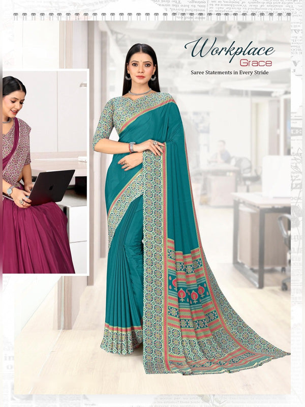 Premium Crepe uniform saree Teal Beige D.No 5322