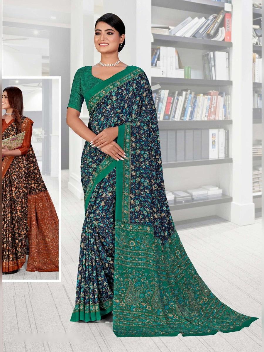 Women's Premium Crepe Uniform Saree – Teal Floral - Front