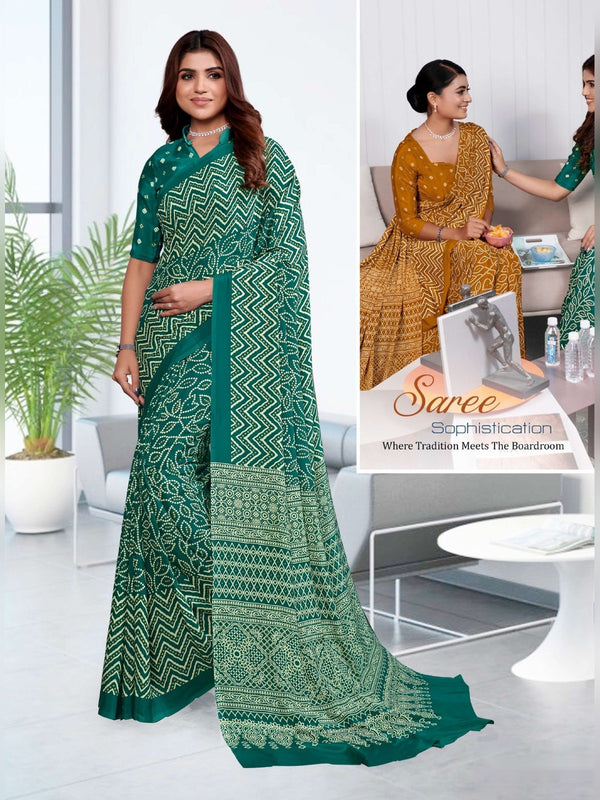Premium Crepe uniform saree Teal Green Print D.No 5216
