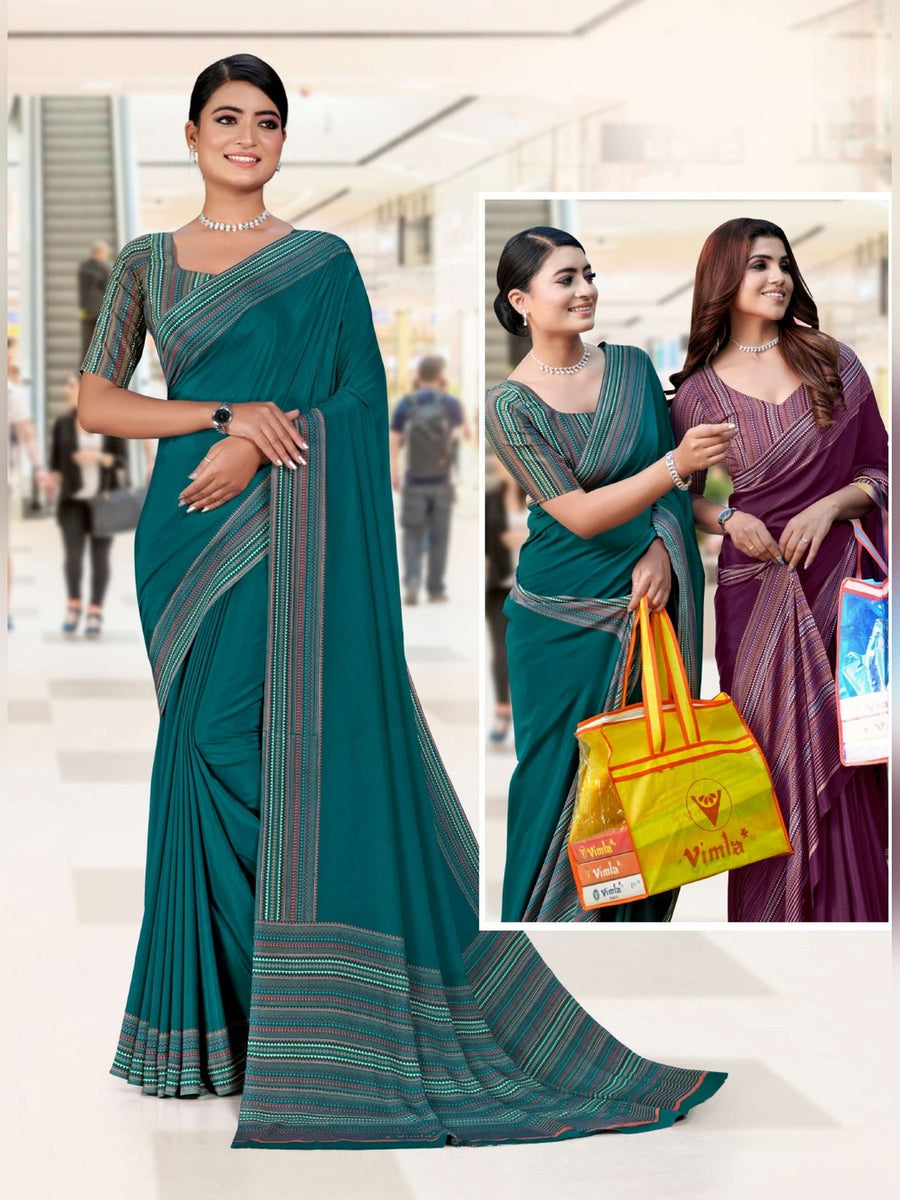 Women's Premium Crepe Uniform Saree – Teal & Grey - Front