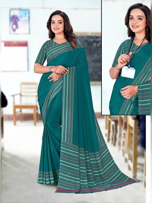 Premium Crepe uniform saree Teal Stripe D.No 5327