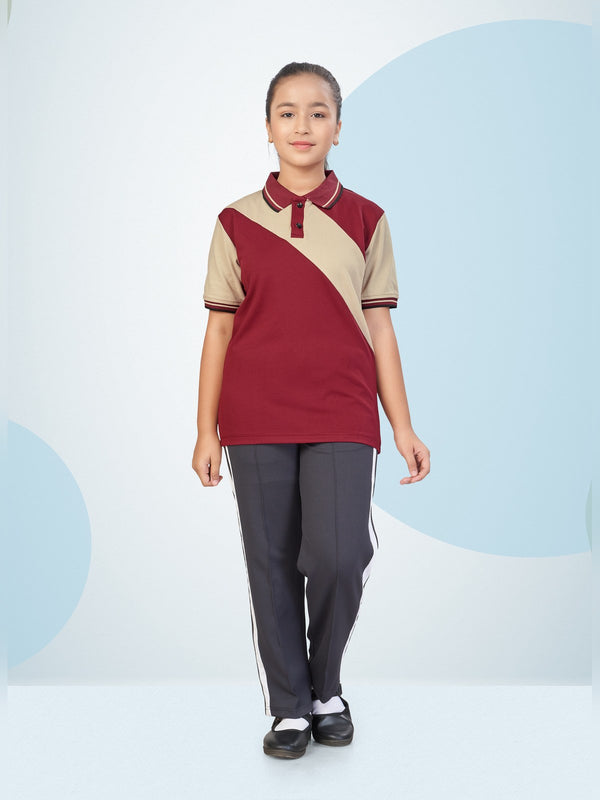 School T-Shirt & Track Pant Set – Maroon & Beige (TSH-3010)