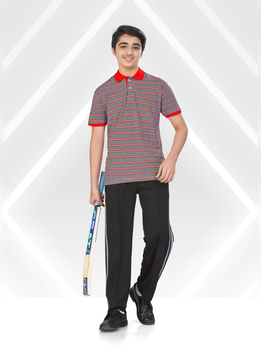 School T-Shirt & Track Pant Set – Red & Grey Stripes (TSH-3003) - Front