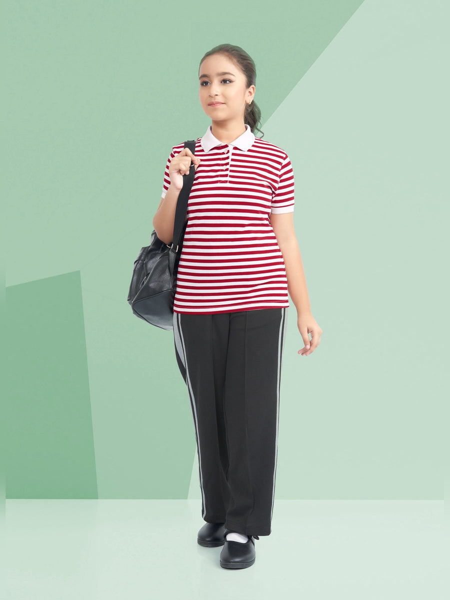 School T-Shirt & Track Pant Set – Red & White Stripes (TSH-3004) - Front