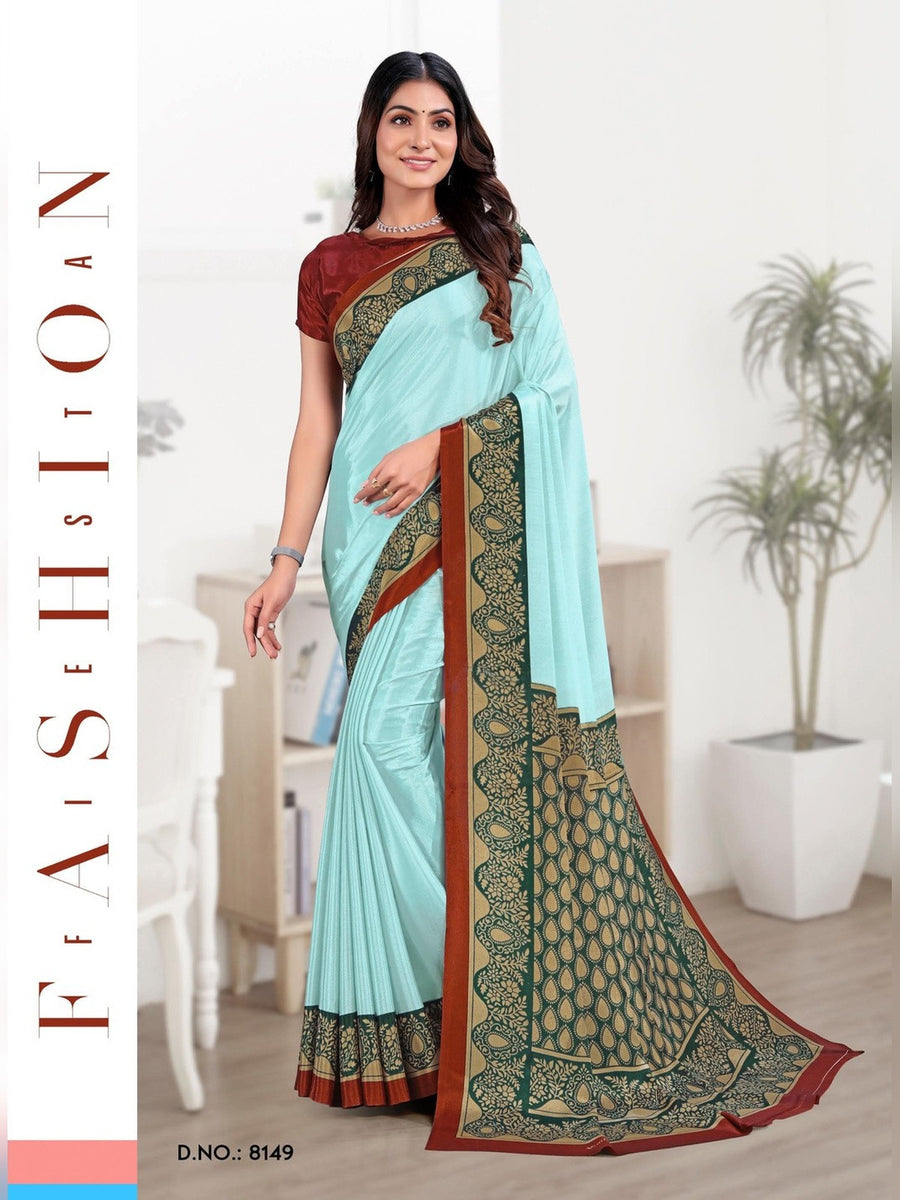 Women's Trishika Silk Uniform Saree – Aqua & Brown - Front