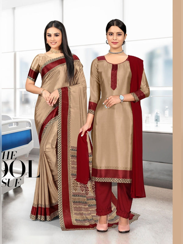 Trishika Silk uniform saree Beige Maroon D.No 8120