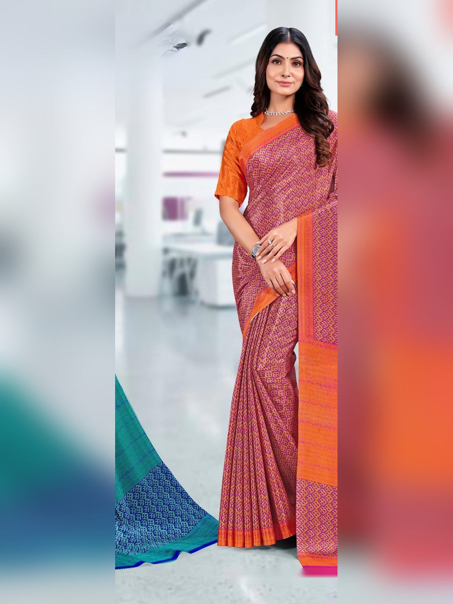 Women's Trishika Silk Uniform Saree – Coral & Orange - Front