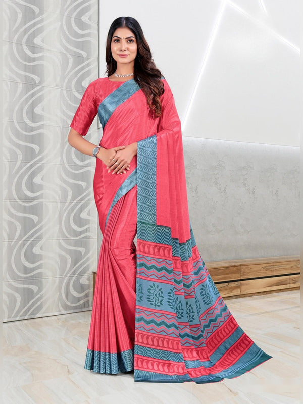 Trishika Silk uniform saree Coral Pink Blue D.No 8150